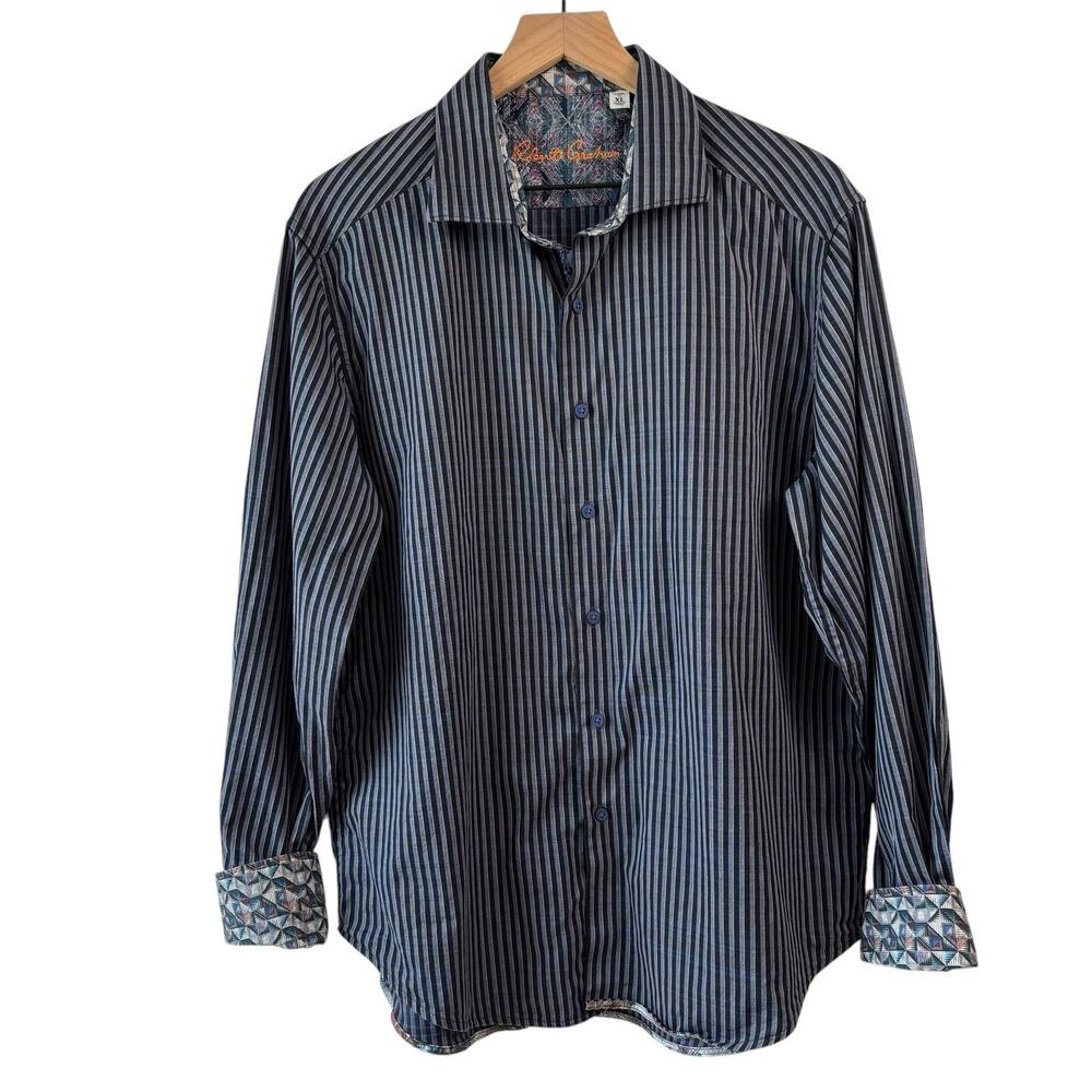 Robert Graham Mens Shirt Blue Gray Black XL Flip Cuff‎ Striped Business Casual